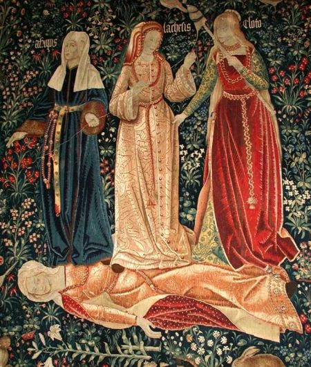 Le Tre Parche, particolare dal Trionfo della Morte, arazzo fiammingo, 1520 ca.